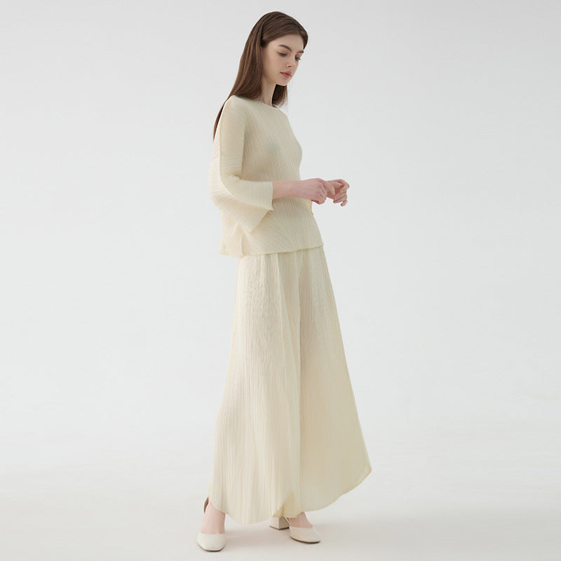 Solid Color Casual Loose Outfit Thin Bell Sleeve Top Wide Leg Wide Leg Pants Two-Piece Set for Women