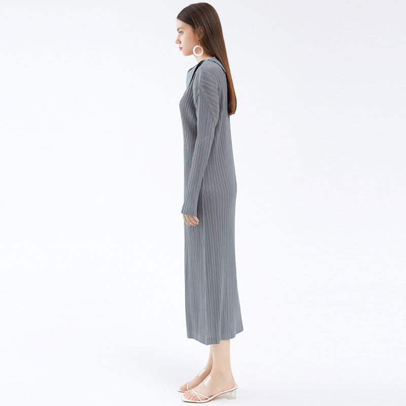 Solid Color Minimalist Long Sleeve Folding Collar Dress Women Slimming Elegant Dress Women