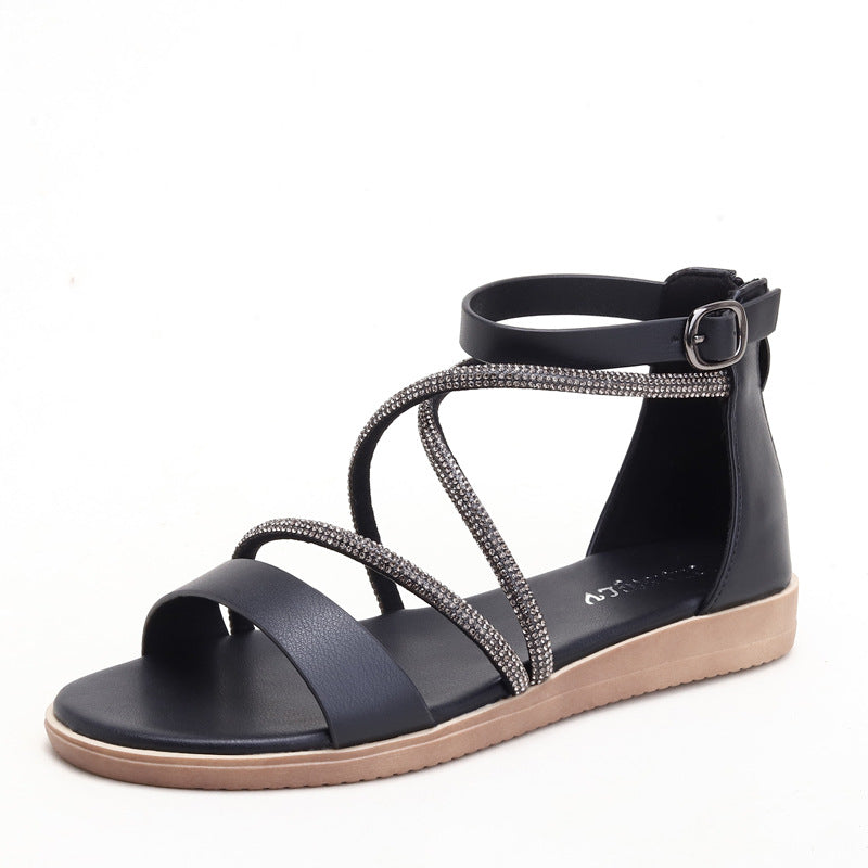 Women's One-Strap Sandals Rhinestone Open Toe Korean Style Flat Bottom Flat Heel plus Size Roman Shoes 1477-9