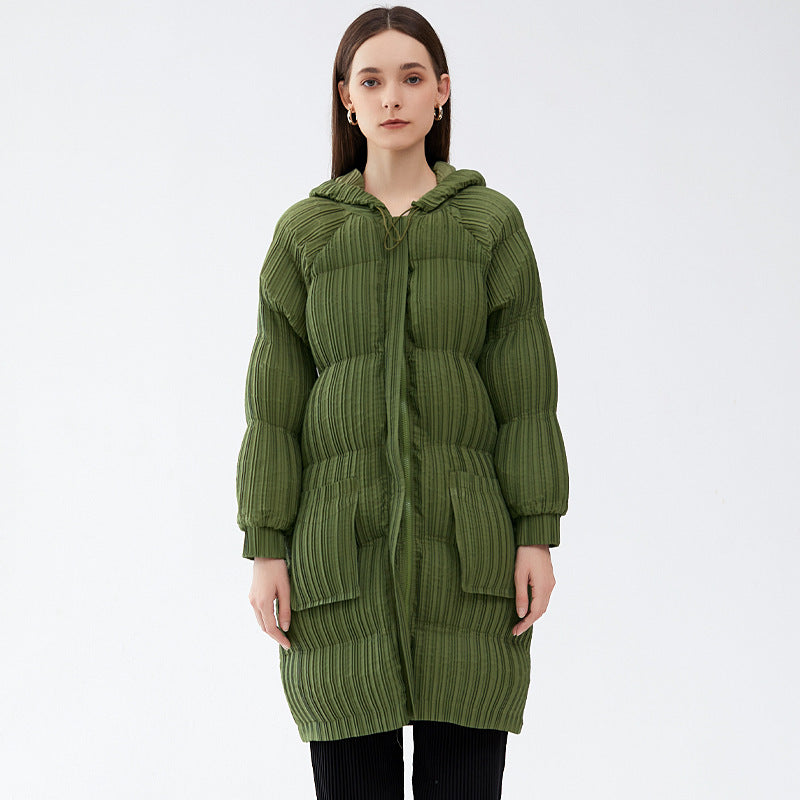 Winter Long Thickened down Cotton Hoodie Padded Coat Women's Slimming and Warm Pleated Cotton Jacket Women