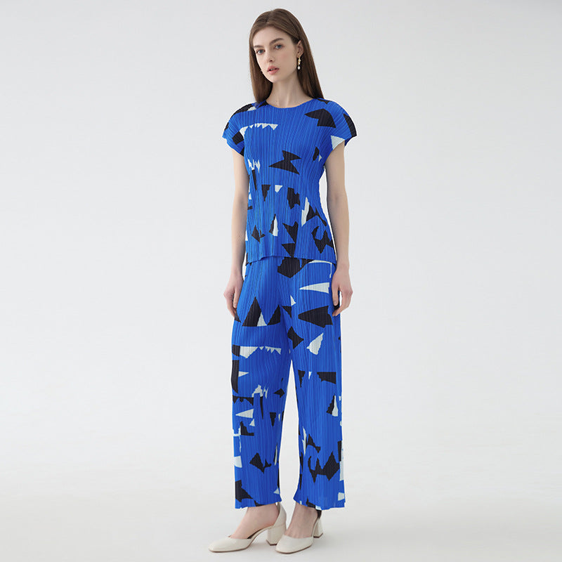 Square Printing Suit round Neck Short Sleeve Loose Top Wide Leg Pants Casual Two-Piece Suit