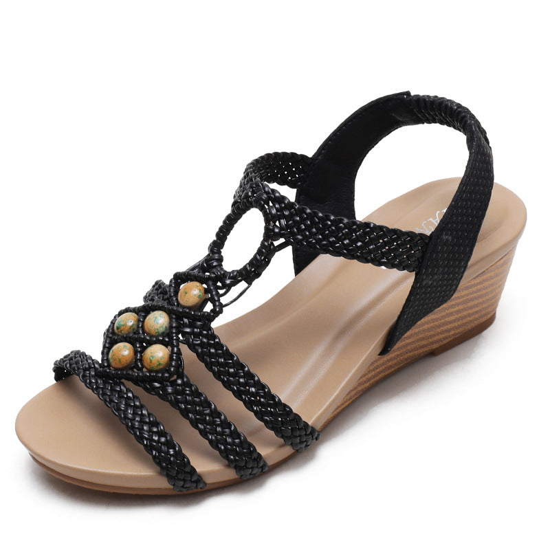 Bohemia Women's Wedge Sandals Women's Fake Sandals Women's Vintage Weave Beaded Roman Shoes