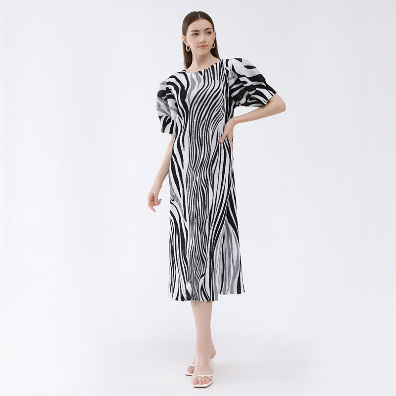 Zebra Pattern Loose Slimming Cute Youth-Looking Lantern Sleeve Dress Women