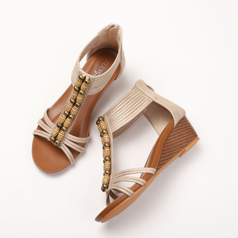 Retro Wedge Sandals Women's Bohemian Holiday Back Zipper Open-Toed Roman Sandals