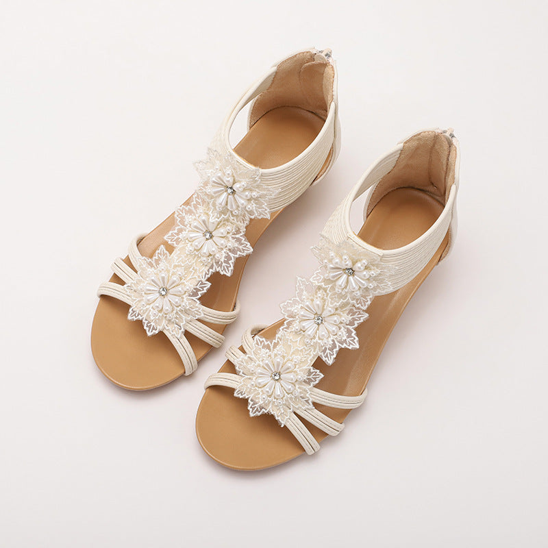 Fashion Retro Handmade Flowers Roman Shoes Bohemian Vacation Wedge Women's Sandals