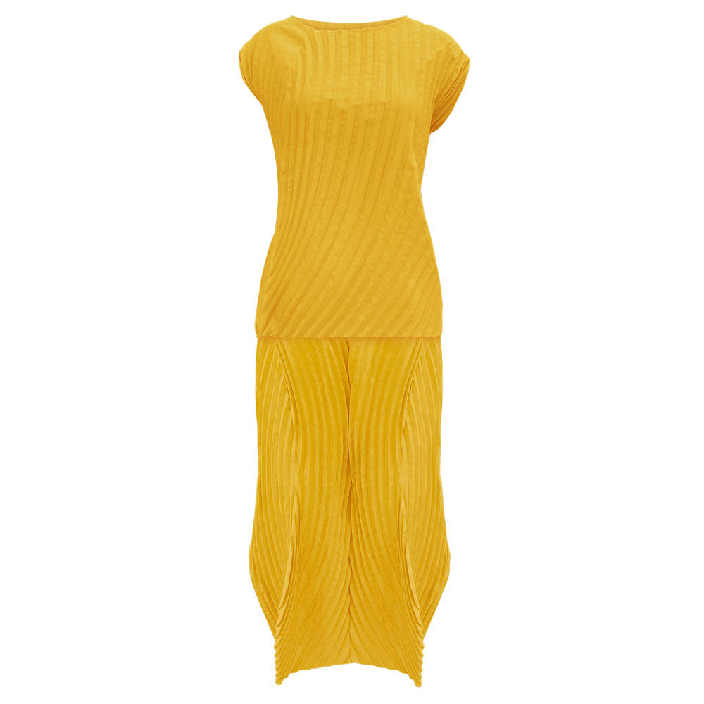 Solid Color round Neck Two-Piece Handmade Pleated Skirt Slim Top for Women