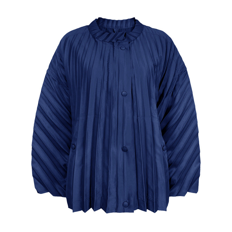 Three-Dimensional Pleated Trench Coat Casual Long Sleeve Coat Women's Common Style Loose Stand Collar Coat