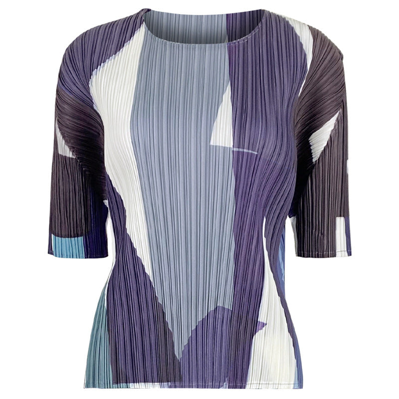 Suit Geometric round Neck Short Sleeve Top Versatile Waist Straight Casual Pants Two-Piece Set