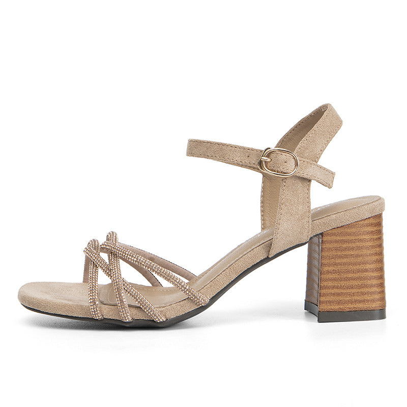 Rhinestone Strap Sandals Women's round Toe Open Toe Fashionable Chunky Heel Heel Shoes