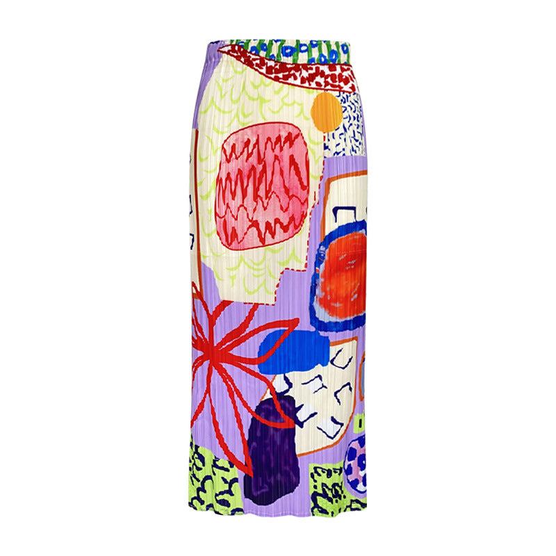 Skirt Niche Printed Pleated Skirt Casual Mid-Length A- line Elegant Style