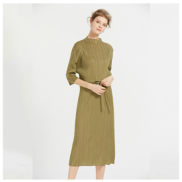 Simple Solid Color Half Collar Mid-Length Pleated Dress Loose A- line Skirt