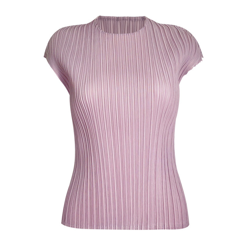 Solid Color Pleated Small Sleeve round Neck Slim Vest Bottoming Shirt Casual Temperament Basic Top