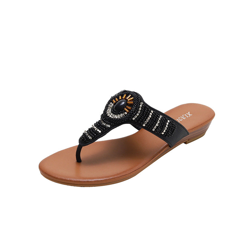 Flip-Flops Beach Shoes Slippers Summer Fashion Outdoor Wear Sea Holiday Side Ethnic Wedge Rhinestone Sandals