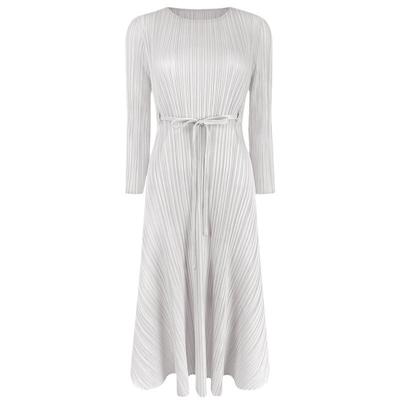Women's Solid Color round Neck Dress Elegant Slim-Fit Pleated Midi Dress