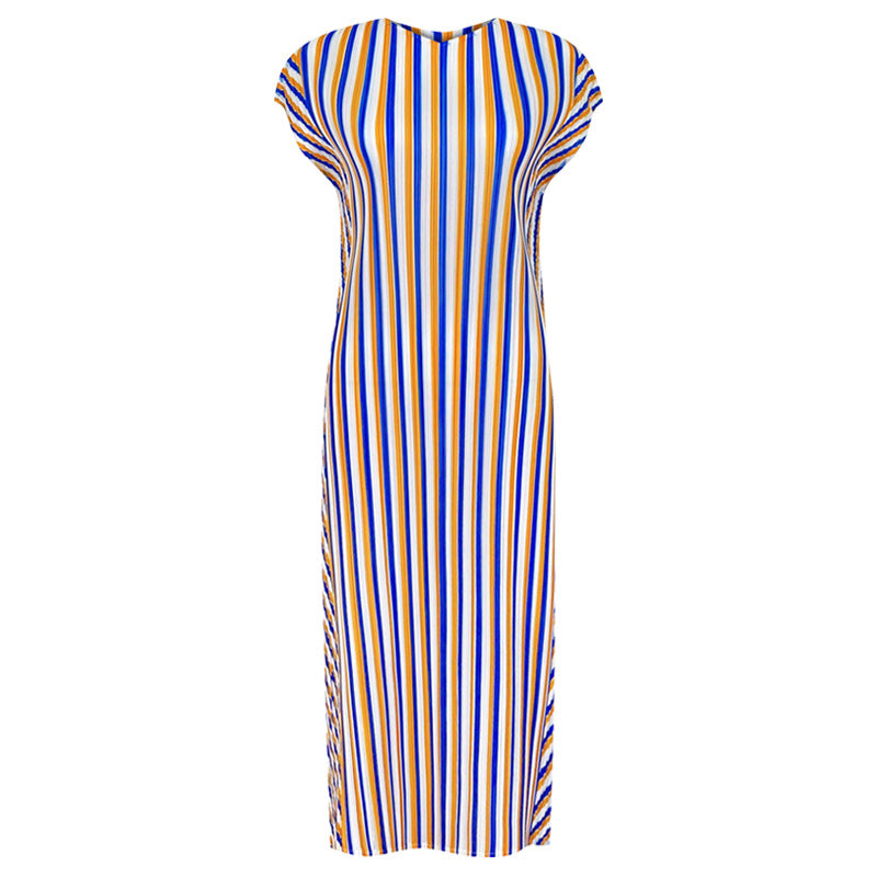 Striped round Neck Sleeveless Pleated Dress Age-Reducing Sleeve Long Slim Fit Straight Skirt