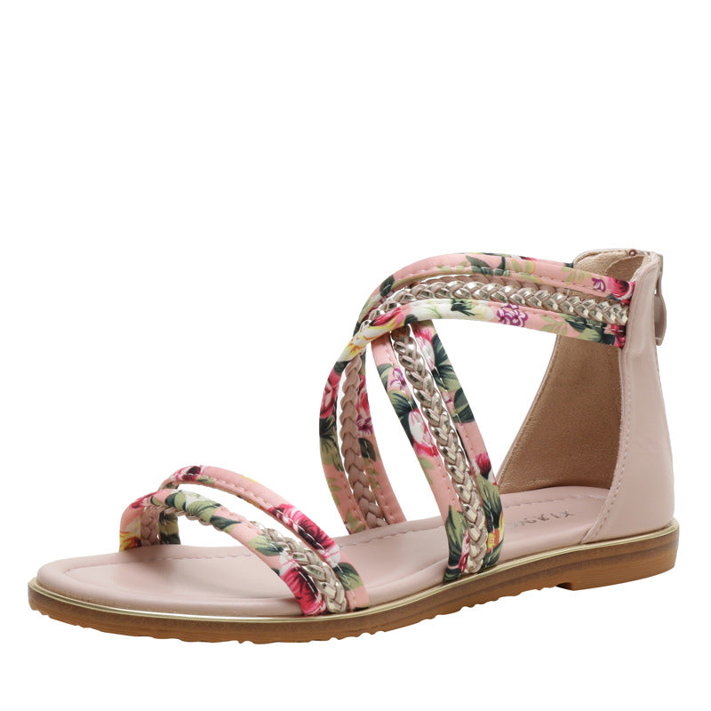 Women's Sandals Summer Flat Open Toe Floral Cloth Strap Non-Slip Roman Shoes
