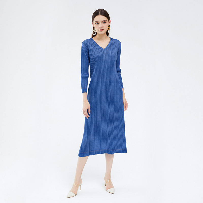 Solid Color Simple Comfortable V-neck Mid-Length Denim Color Dress Skirt