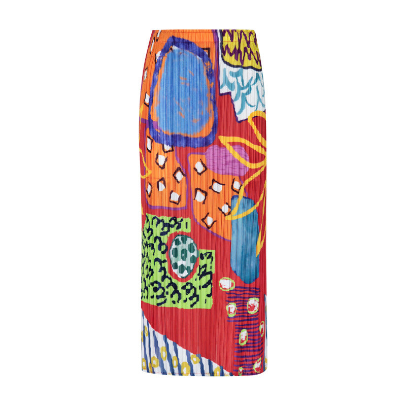 Skirt Niche Printed Pleated Skirt Casual Mid-Length A- line Elegant Style