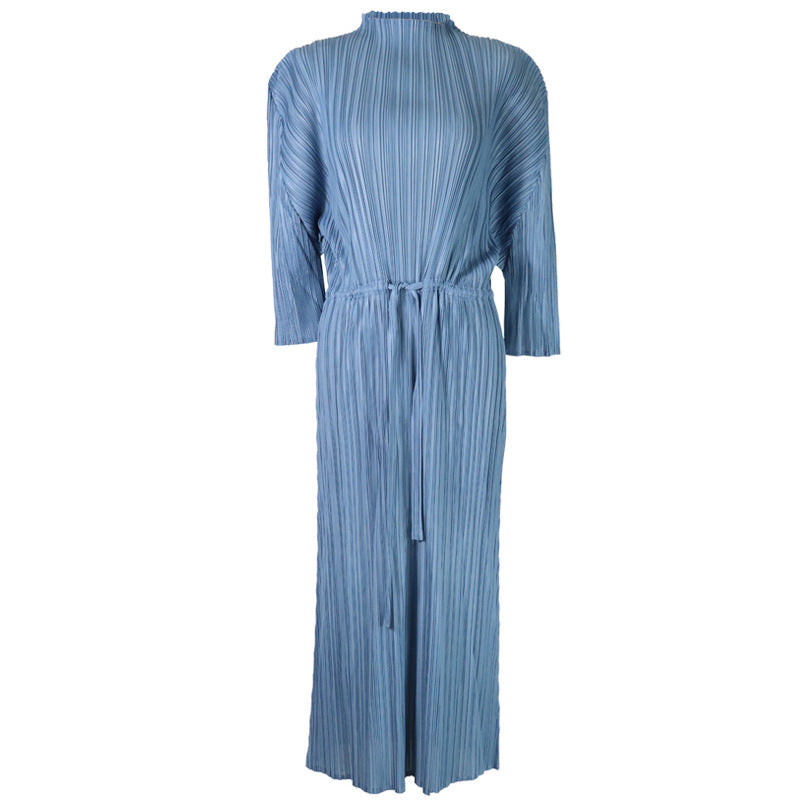 Simple Solid Color Half Collar Mid-Length Pleated Dress Loose A- line Skirt