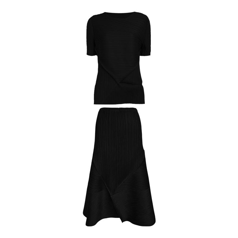 Solid Color Folding Two-Piece Set Elegant Short Sleeve Top and Skirt Suit