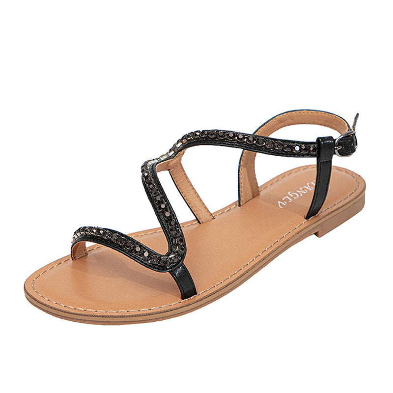 New Thin Strap Fashion Retro Diamond Band Open Toe Flat Women's Roman Sandals