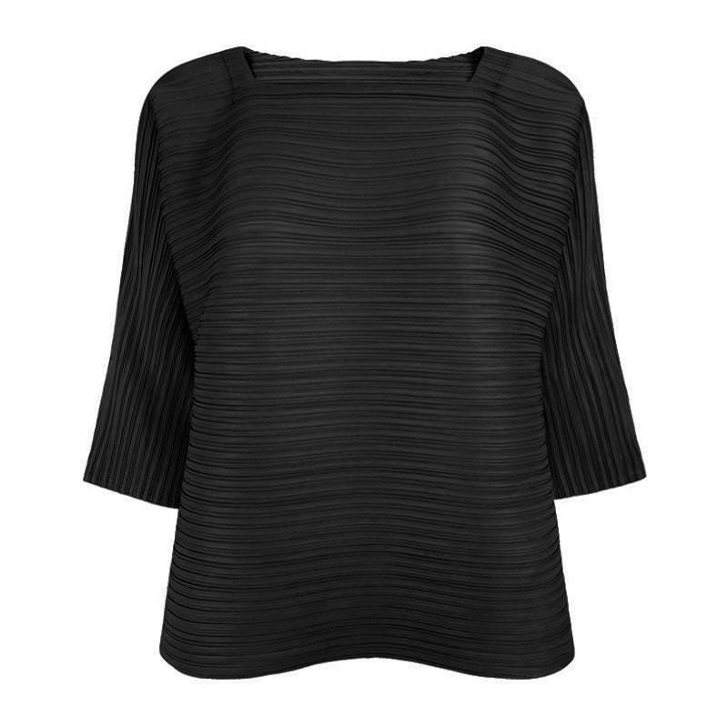 South Korea Solid Color Pleated Casual Square Collar Design Three-Quarter-Length-Sleeved T-shirt Loose Comfortable Top Women