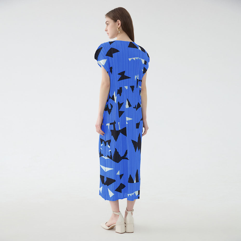 Square Plaid Printed Loose Dress Women's Design Waist Slimming Pleated Dress for Women