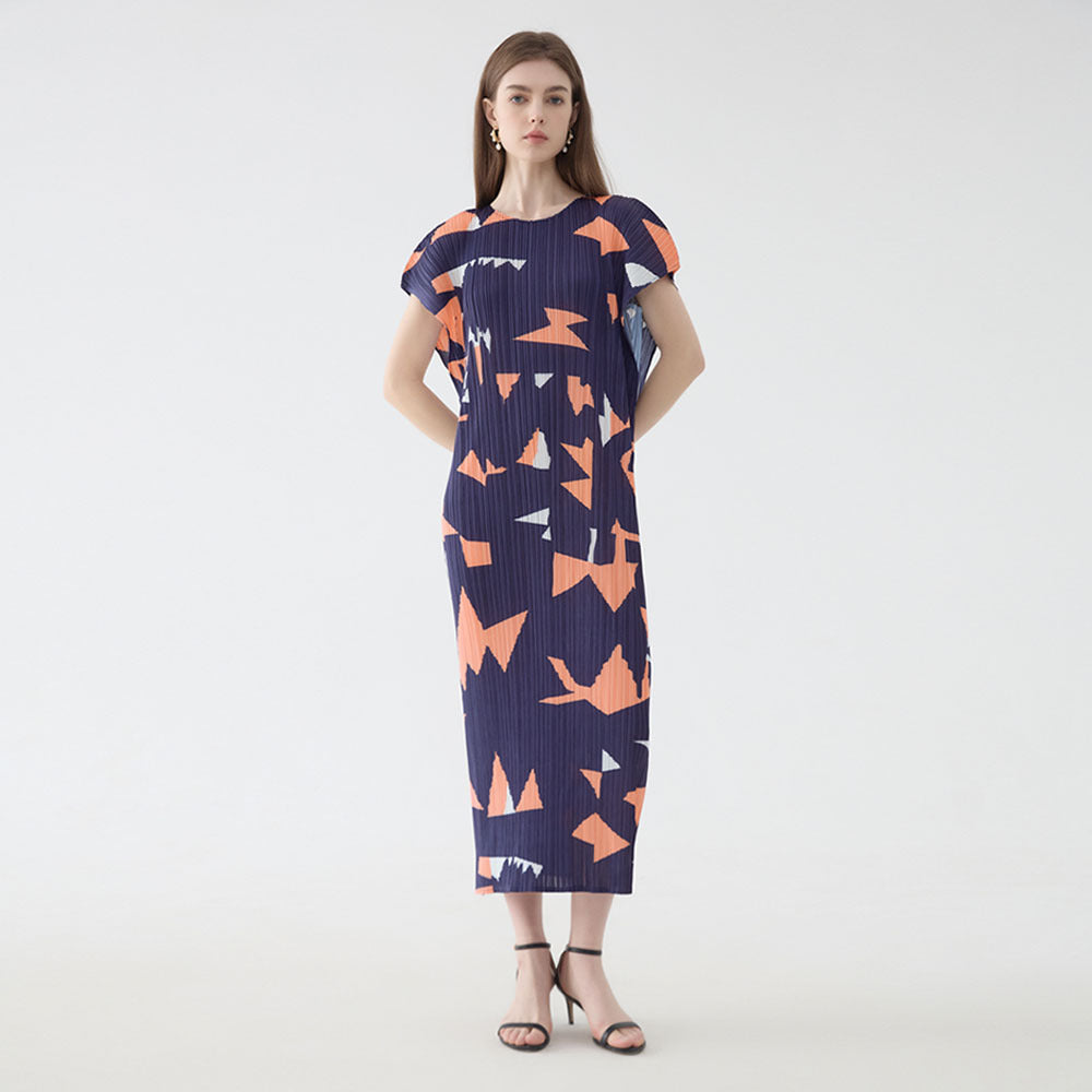 Square Plaid Printed Loose Dress Women's Design Waist Slimming Pleated Dress for Women