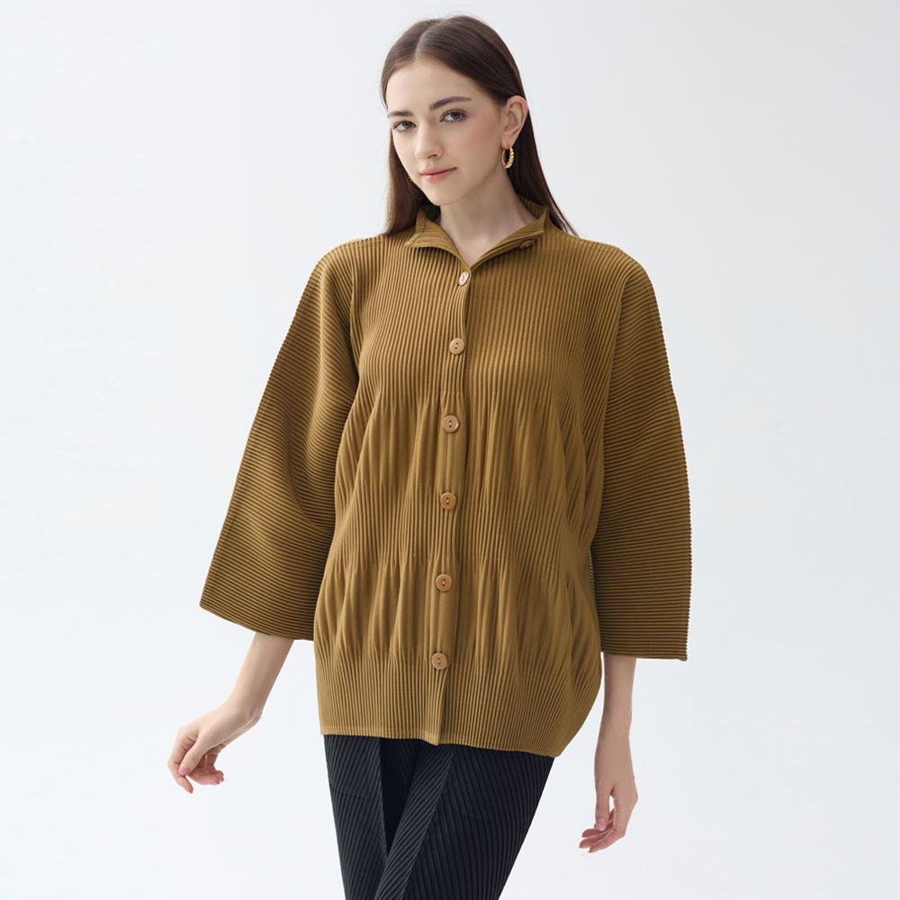 Thickened Single-Breasted Shirt Women's Solid Color Pleated Loose Casual Style Outer Long-Sleeves Top