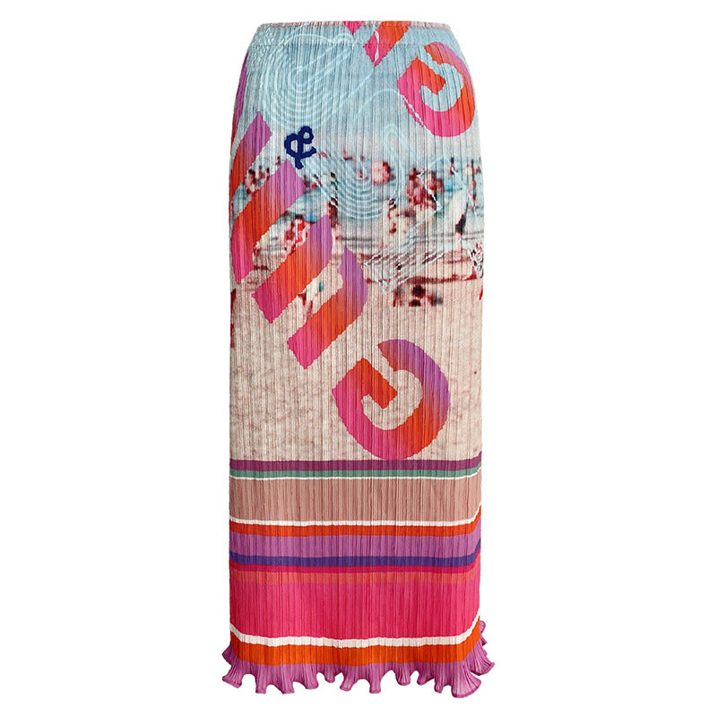 Suit Women's Waist Slimming Landscape Pleated Two-Piece Casual Style Printed Skirt