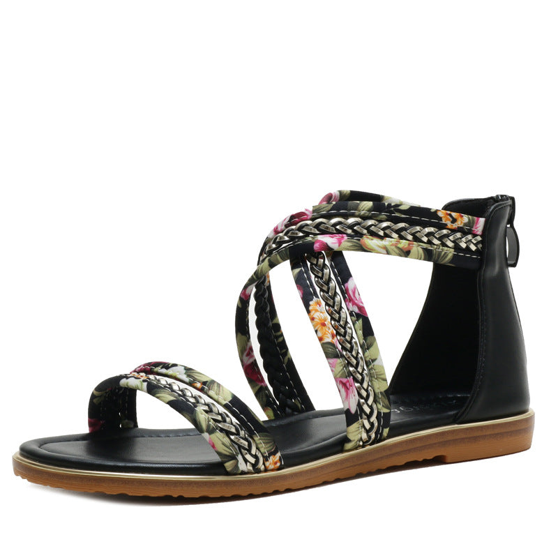 Women's Sandals Summer Flat Open Toe Floral Cloth Strap Non-Slip Roman Shoes