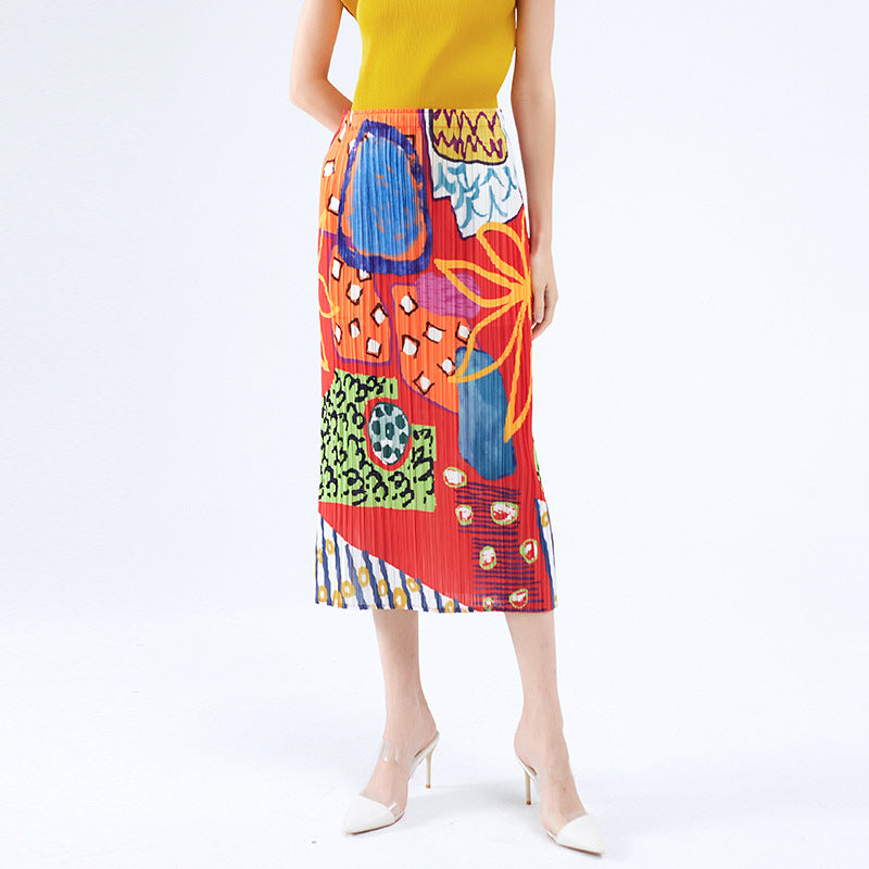 Skirt Niche Printed Pleated Skirt Casual Mid-Length A- line Elegant Style