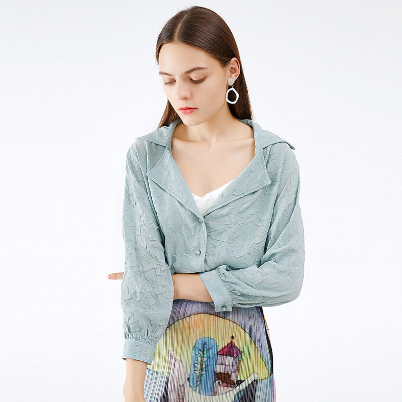 Women's Shirt Pleated Breasted Coat Solid Color plus Size Slimming Elastic Thin Cardigan Top Women