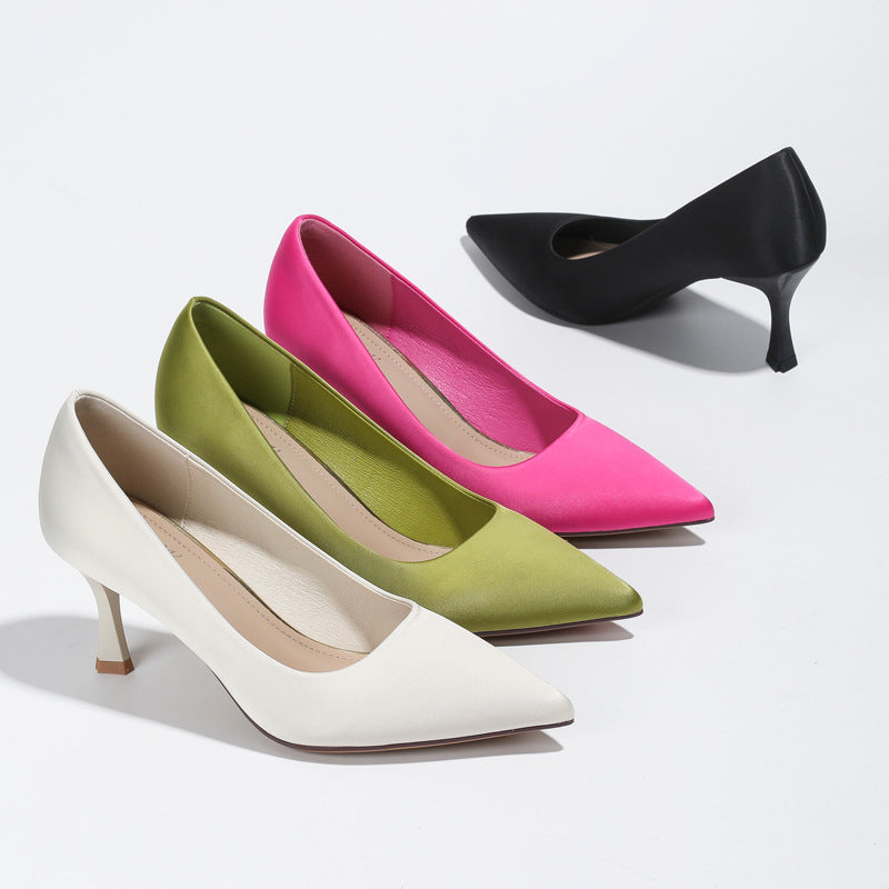 Women's Heel Shoes Fashion Satin Shallow Mouth Small Stiletto Heel Pumps Commuting Work Shoes