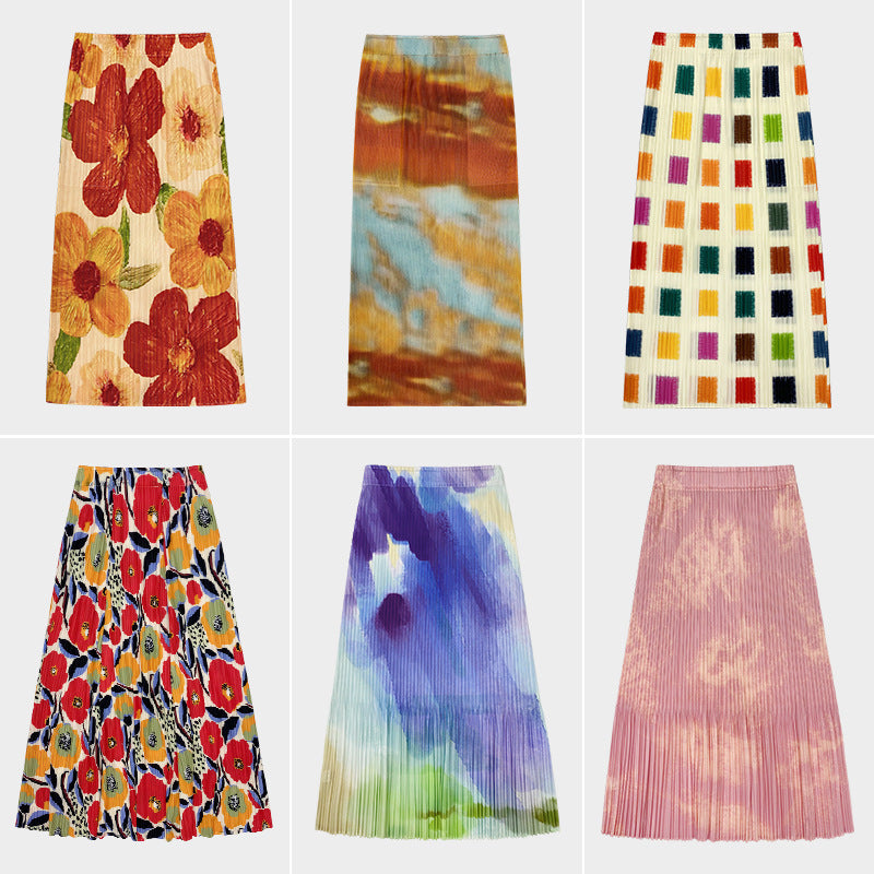 Skirt Collection A- line Skirt Women's Skirt Mid-Length Design Sense Niche Waist Printed Skirt