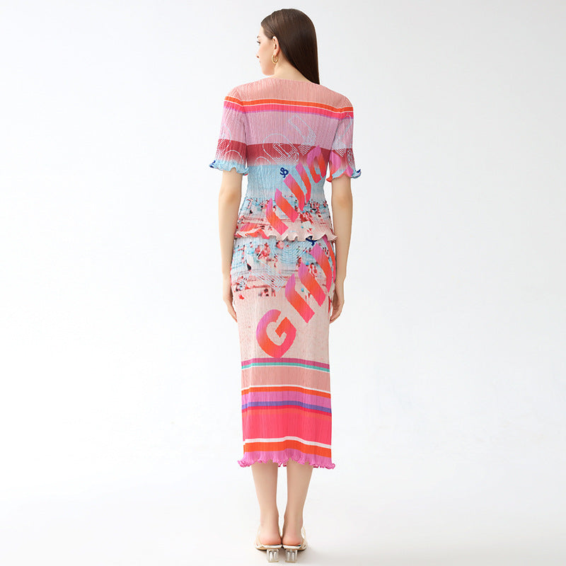 Suit Women's Waist Slimming Landscape Pleated Two-Piece Casual Style Printed Skirt