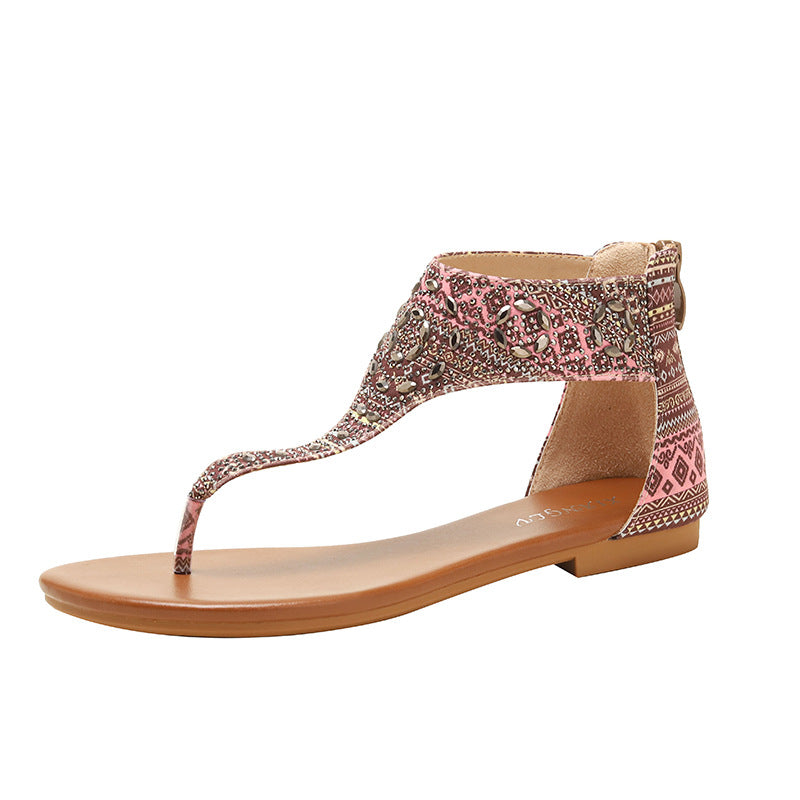 Ethnic Flat Sandals Flip-Flops Rhinestone Seaside Vacation Roman Beach Shoes