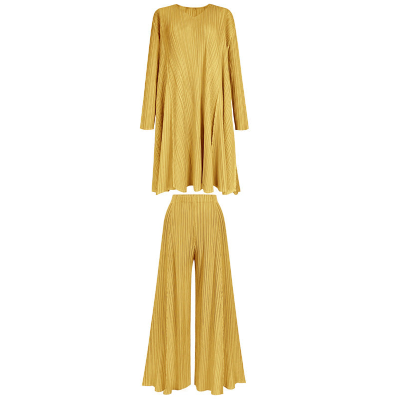 Solid Color Basic Two-Piece Mid-Length Top for Women Long Wide-Leg Pants Suit Women