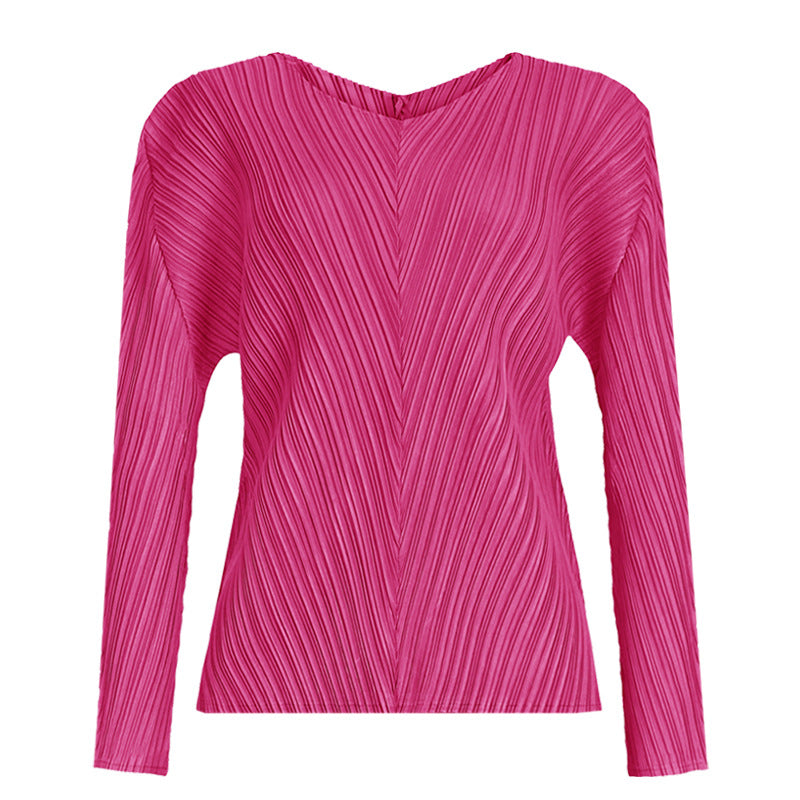 Solid Color Basic Two-Piece Suit Big Hem Skirt Long Sleeve V-neck Top