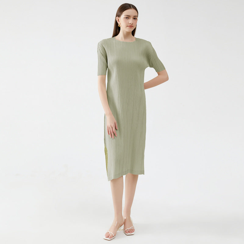 Solid Color Short Sleeve Slim Fit Dress Women's Mid-Length Simple Bottoming Pleated A- line Skirt