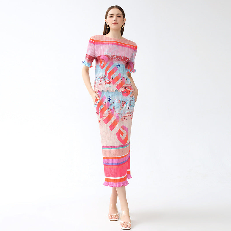Suit Women's Waist Slimming Landscape Pleated Two-Piece Casual Style Printed Skirt