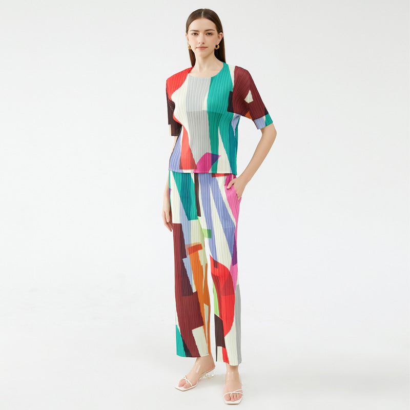 Suit Geometric round Neck Short Sleeve Top Versatile Waist Straight Casual Pants Two-Piece Set