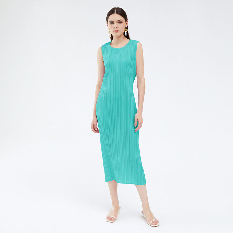 Simple Elegant round Neck Sleeveless Dress Women Mid-Length Vest Skirt