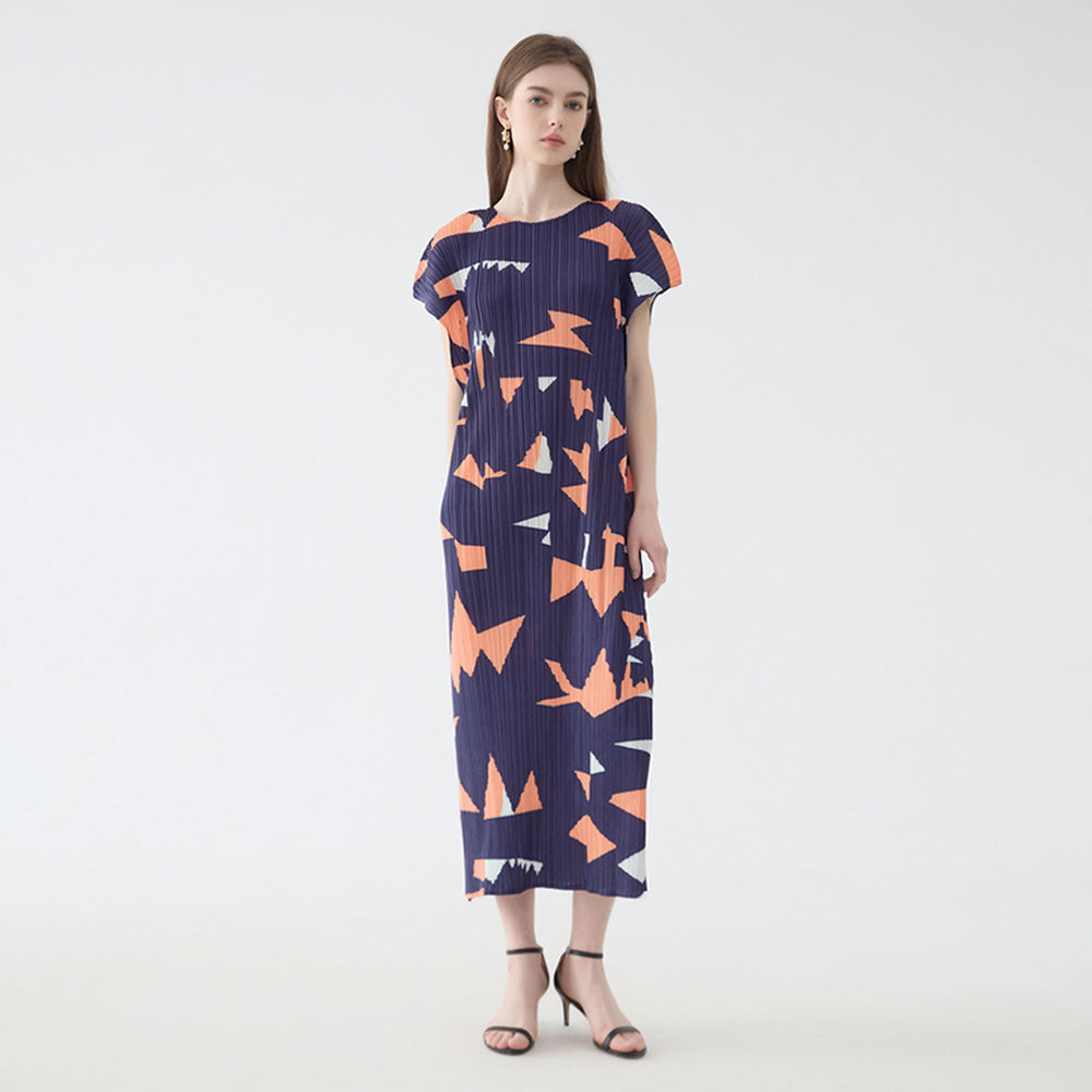 Square Plaid Printed Loose Dress Women's Design Waist Slimming Pleated Dress for Women