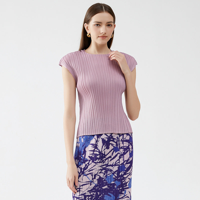 Solid Color Pleated Small Sleeve round Neck Slim Vest Bottoming Shirt Casual Temperament Basic Top