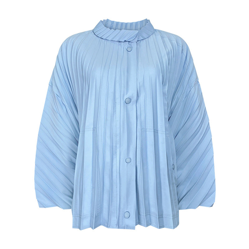 Three-Dimensional Pleated Trench Coat Casual Long Sleeve Coat Women's Common Style Loose Stand Collar Coat