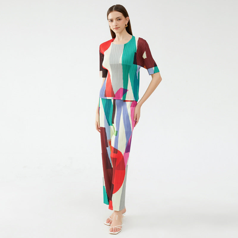 Suit Geometric round Neck Short Sleeve Top Versatile Waist Straight Casual Pants Two-Piece Set