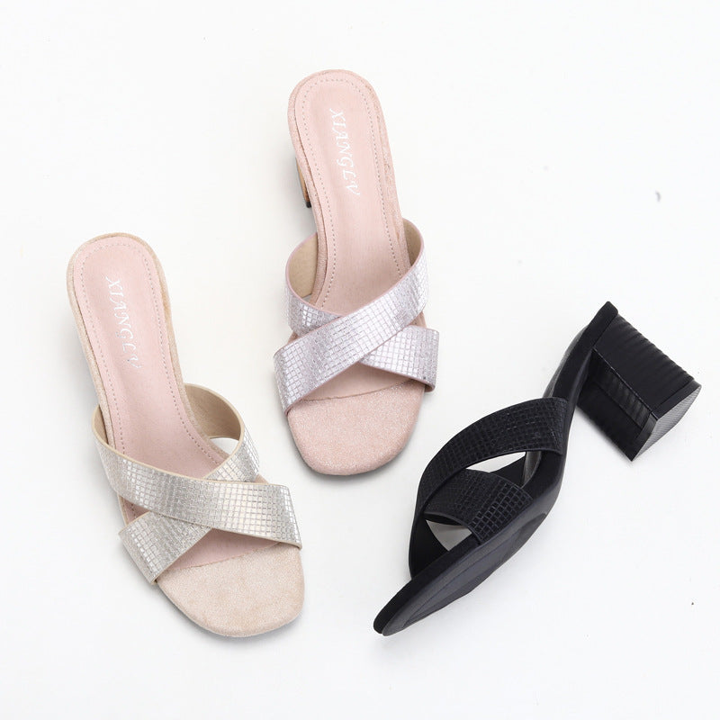 Women's Outdoor Slippers Elegant French Style Sandals Chunky Heel