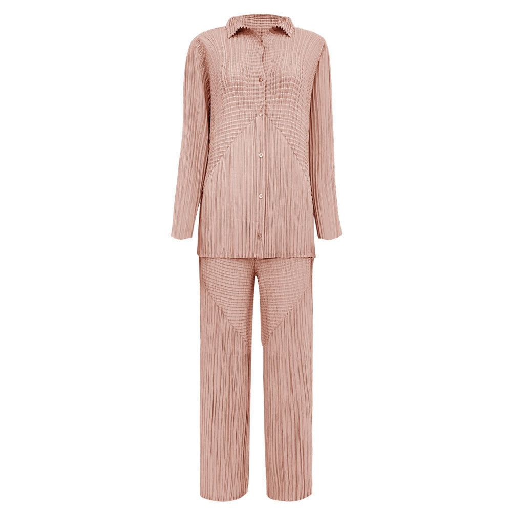 Two-Piece Solid Color Long Sleeve Pleated Shirt Casual Straight Pants Suit Women
