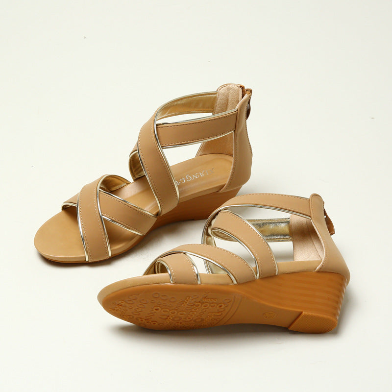 Wedge Roman Sandals Women's Platform Mid Heel Simple Non-Slip Back Zipper Sandals 838-694